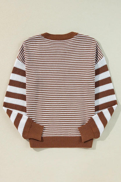 Sweaters & Cardigans/Sweaters Brown Stripe Geometric Textured Drop Shoulder Sweater