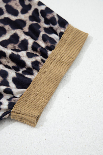 Brown Leopard Print Color Block Patchwork 3/4 Sleeve Loose Top