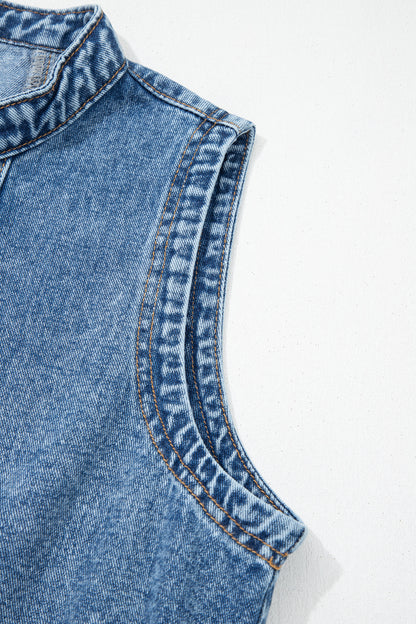 Myosotis Western Belt Button Down Sleeveless Denim Short Dress