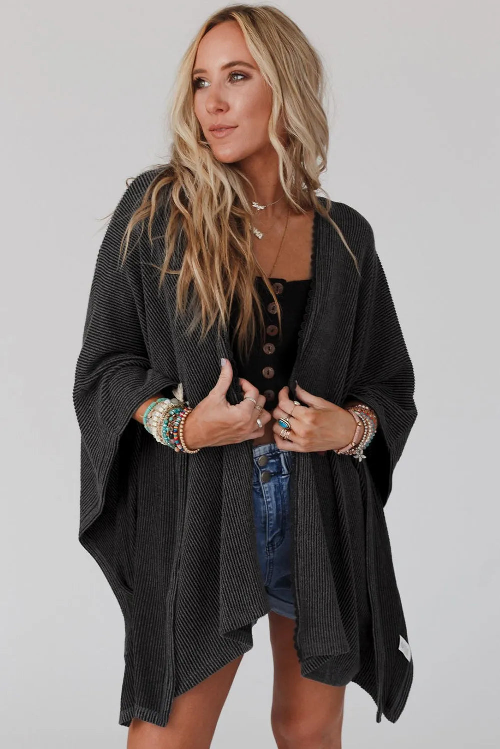 Black Lace Trim Ribbed Oversize Kimono - Chic Meadow Boutique 