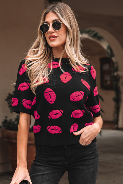 Black Rugby Print Casual Knit Short Sleeve Sweater