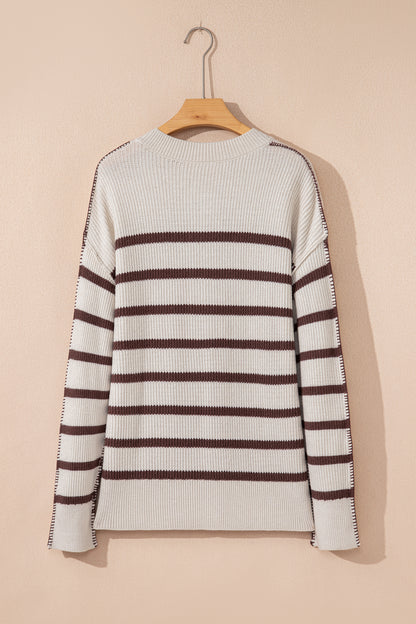 Brown Stripe Ribbed Henley Drop Shoulder Slouchy Sweater