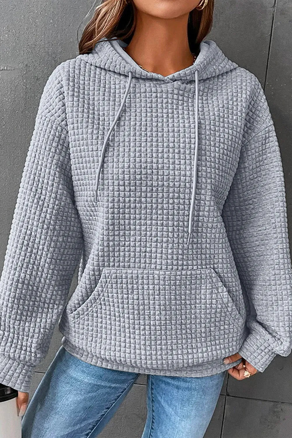 Gray Quilted Kangaroo Pocket Drawstring Hoodie - Chic Meadow Boutique 