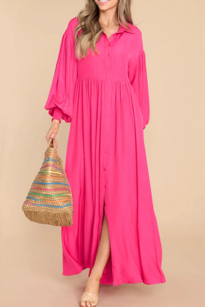 Rose Bubble Sleeve Shirt Maxi Dress - Chic Meadow Boutique 