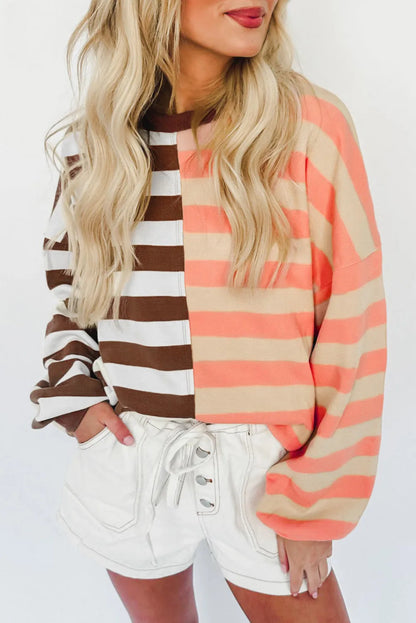 Brown Stripe Color Block Drop Shoulder Pullover Sweatshirt - Chic Meadow Boutique 