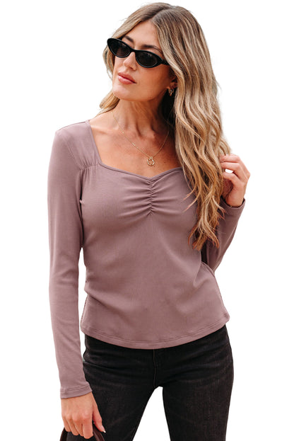 Old Rose Gathered Bust Square Neck Ribbed Fit Long Sleeve Top