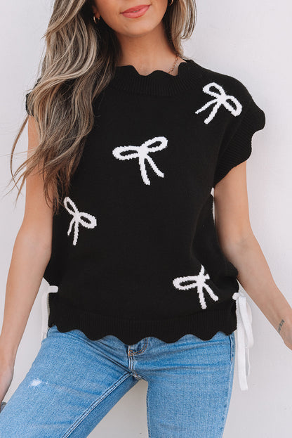 Black Bow Print Side Ties Scalloped Hem Sweater T Shirt