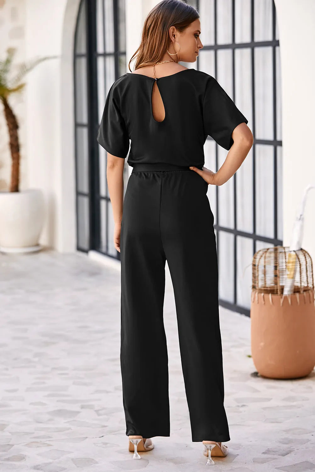 Black Belted Wide Leg Jumpsuit - Chic Meadow Boutique 