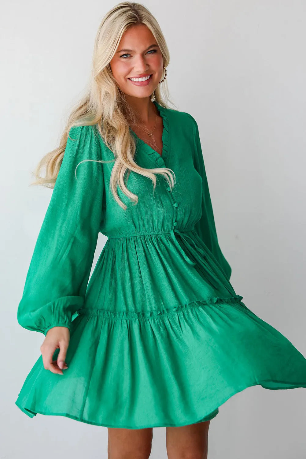 Sea Green Frilly V Neck Puff Sleeve Drawstring Shift Mini Dress - Chic Meadow Boutique 