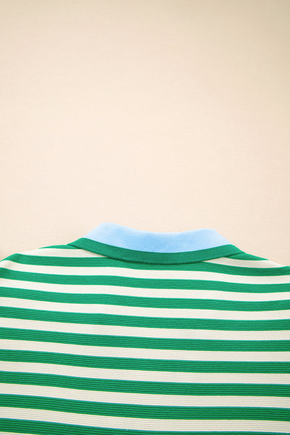 Green Stripe Print Contrast Collar Split Neck Flutter Sleeve Short Dress