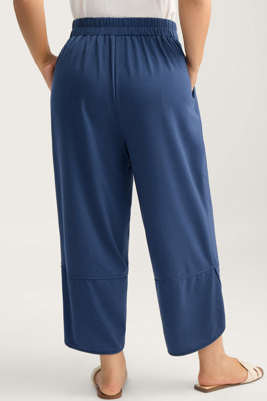 Sail Blue Plus Size Elastic Waist Asymmetrical Hem Loose Capris Pants
