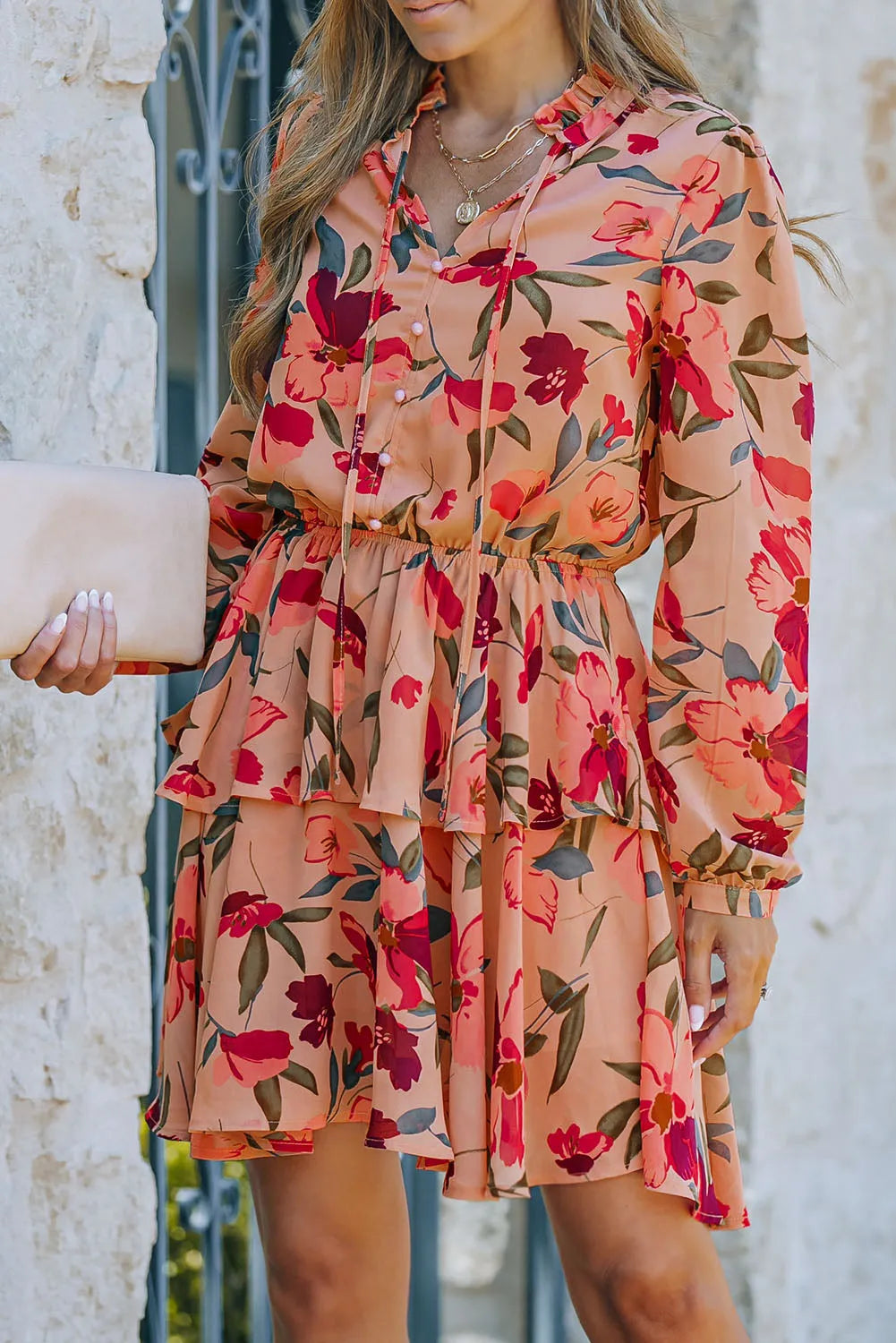 Fiery Red Frilled Collar Long Sleeve Floral Dress with Ruffle - Chic Meadow Boutique 