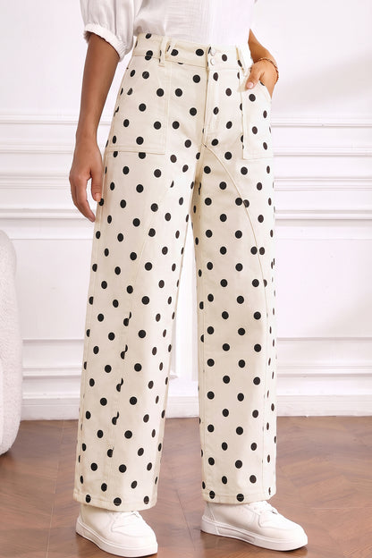 White Polka Dot Curved-Knife Ankle Denim Pants