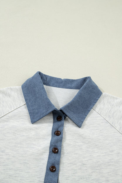 Light Grey Denim Color Block Patchwork Shirt Collar Short Sleeve Blouse