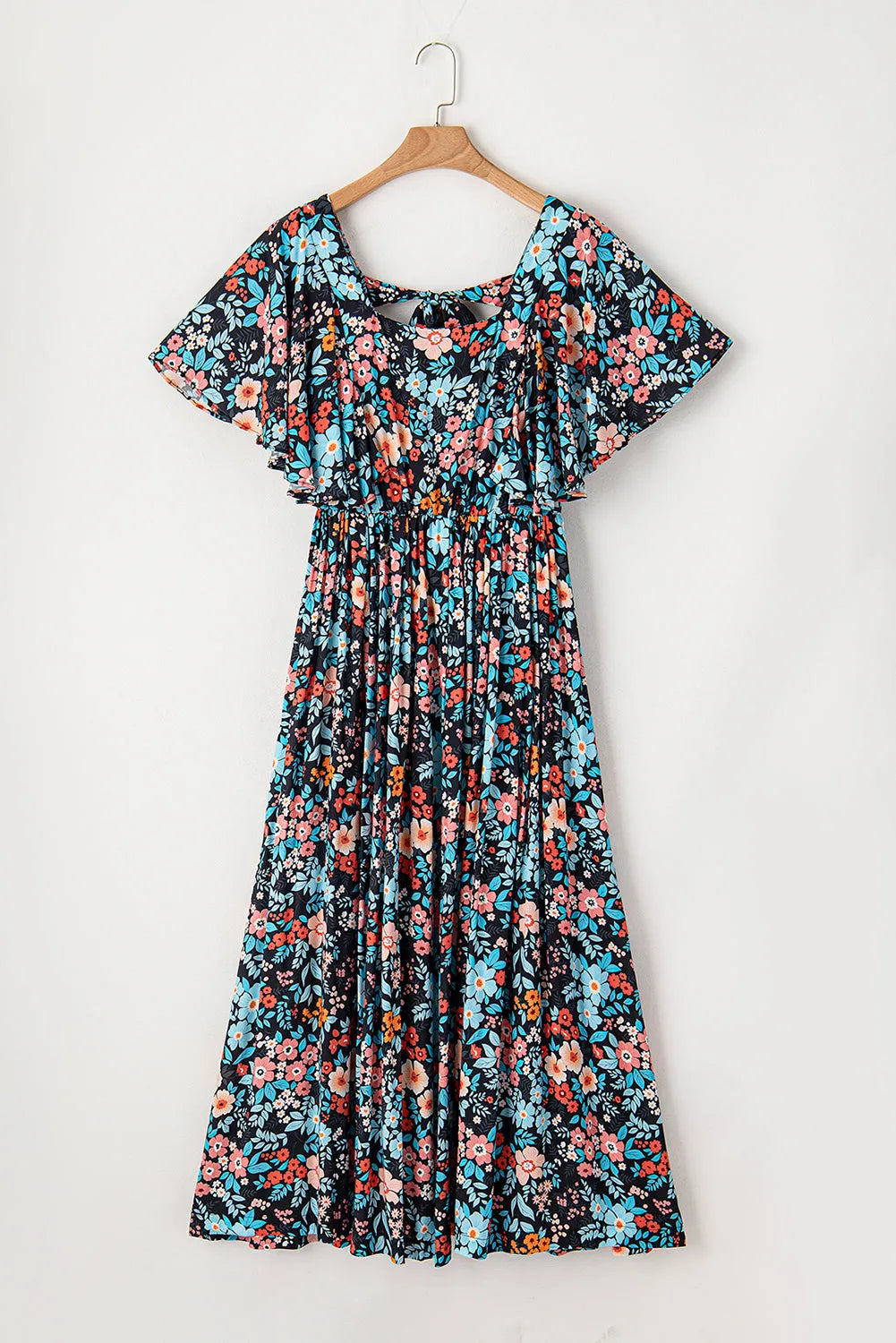 Sky Blue Floral Knotted Back Square Neck Maxi Dress - Chic Meadow Boutique 