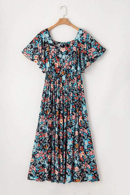 Sky Blue Floral Knotted Back Square Neck Maxi Dress - Chic Meadow Boutique 