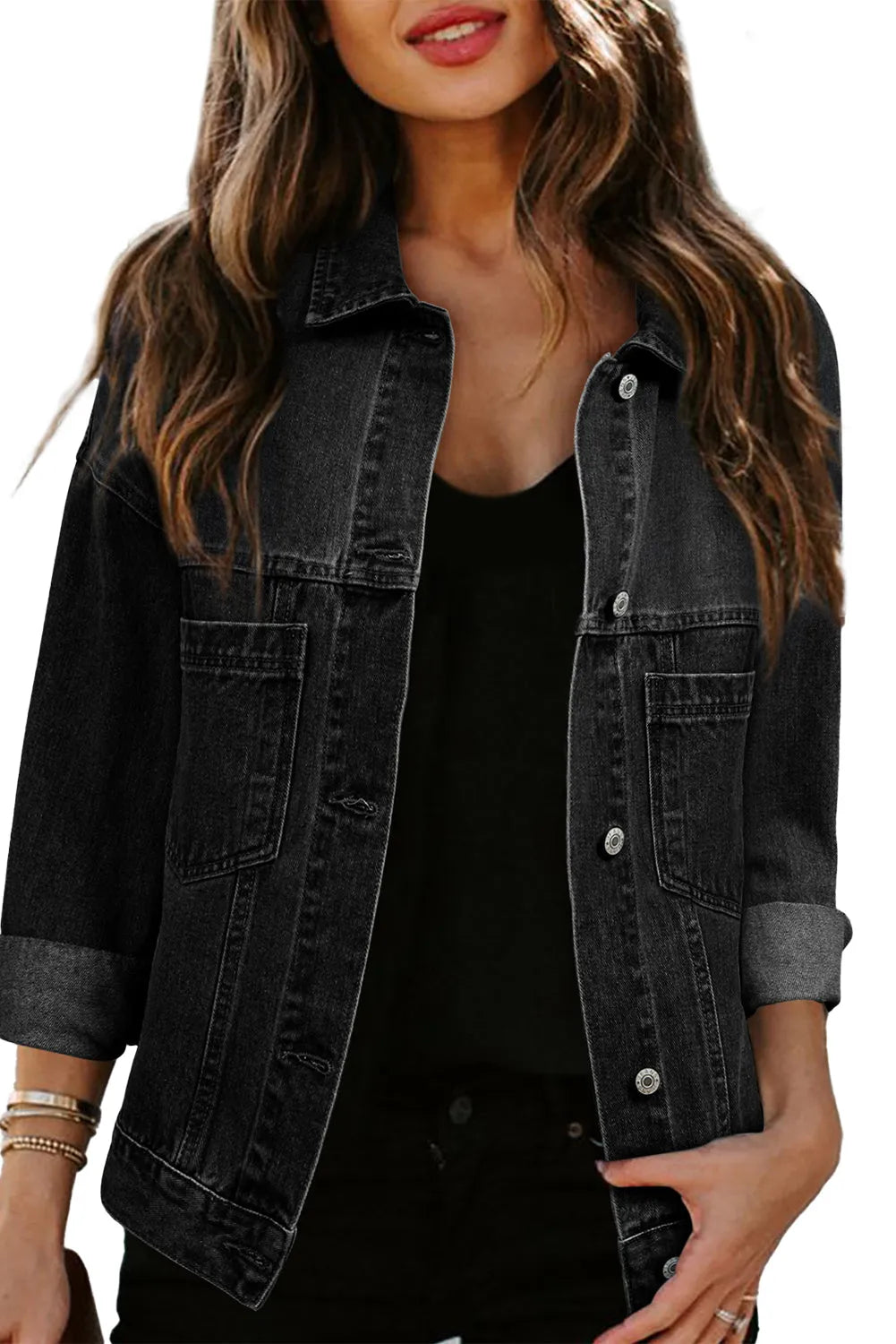 Black Washed Oversize Pocketed Denim Jacket - Chic Meadow Boutique 