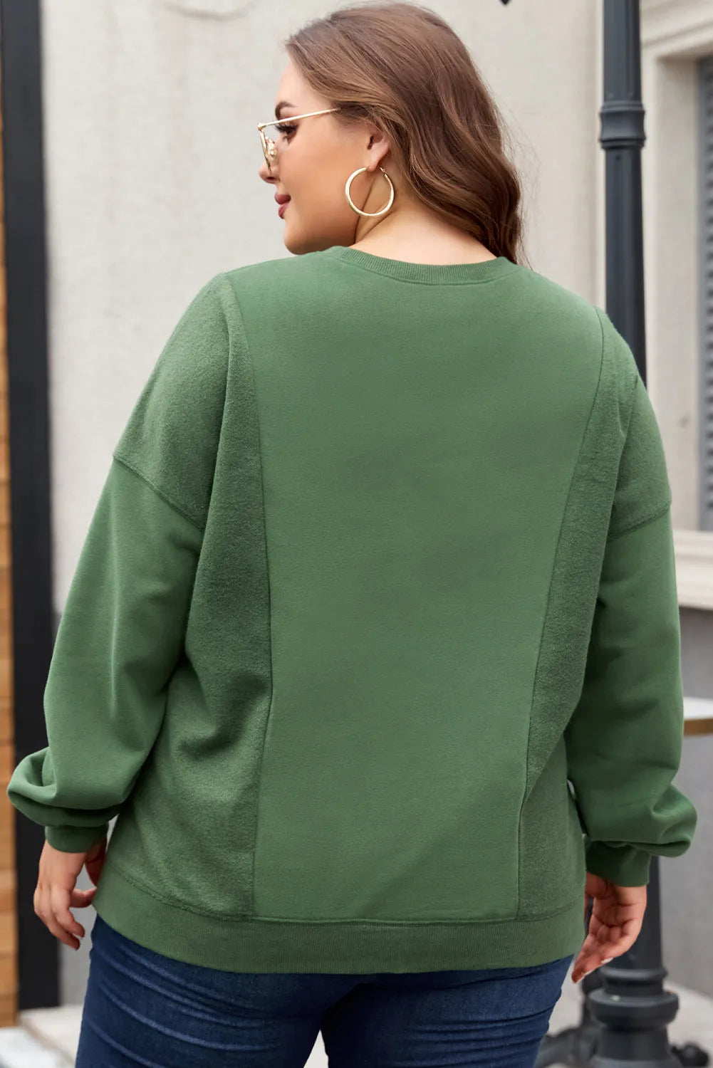 Blackish Green Loose Patchwork Crewneck Plus Size Sweatshirt - Chic Meadow Boutique 