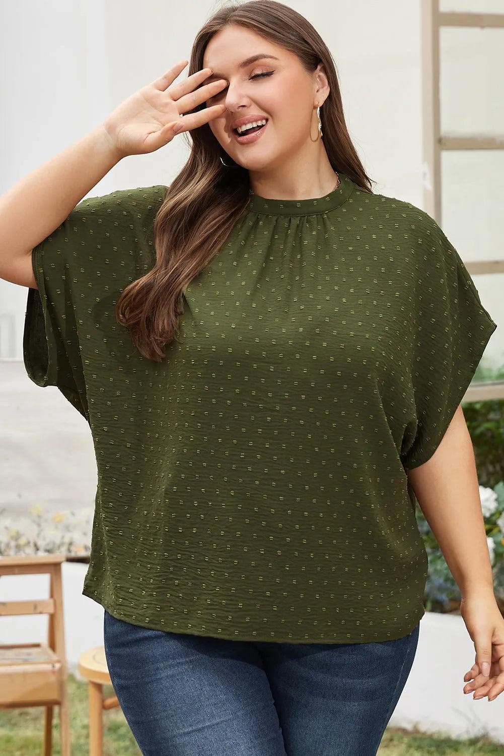 Plus Size/Plus Size Tops/Plus Size Blouses & Shirts Moss Green / 1X / 100%Polyester Moss Green Plus Size Swiss Dot Mock Neck Tied Nape Top