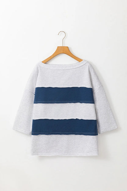 Sail Blue Colorblock Striped Patchwork Raw Seamed Sweatshirt - Chic Meadow Boutique 