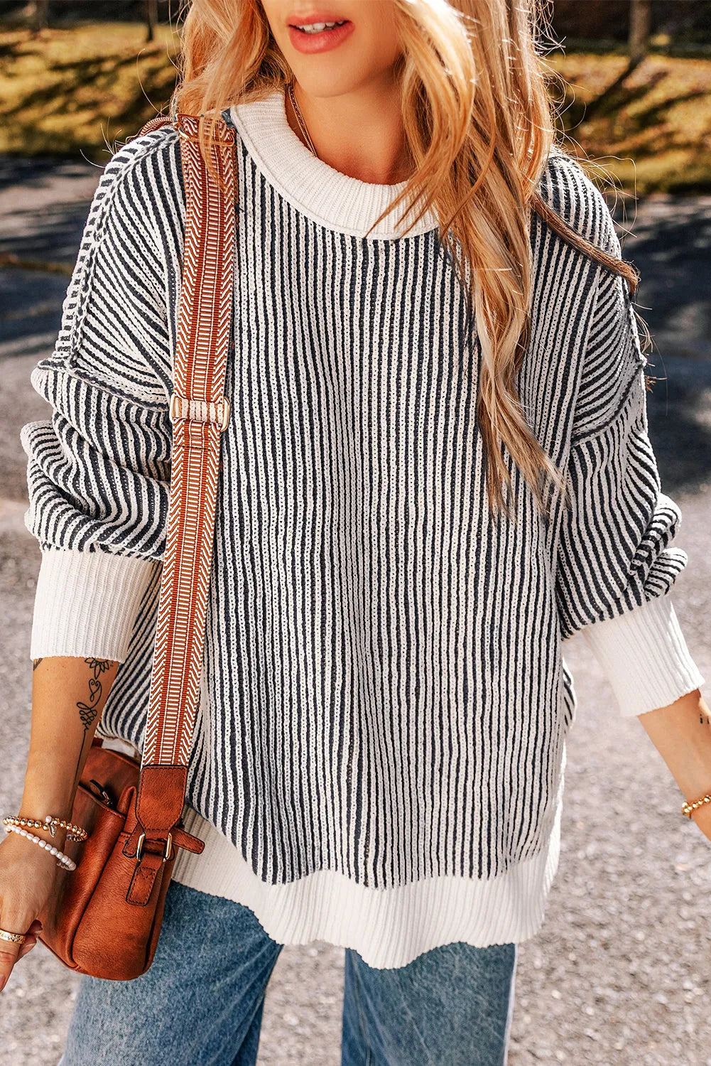 Black Striped Textured Knit Contrast Edge Loose Sweater - Chic Meadow Boutique 