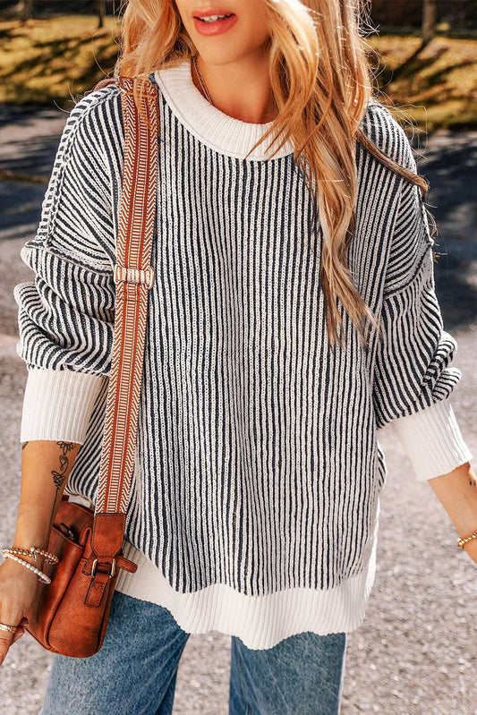 Black Striped Textured Knit Contrast Edge Loose Sweater - Chic Meadow Boutique 