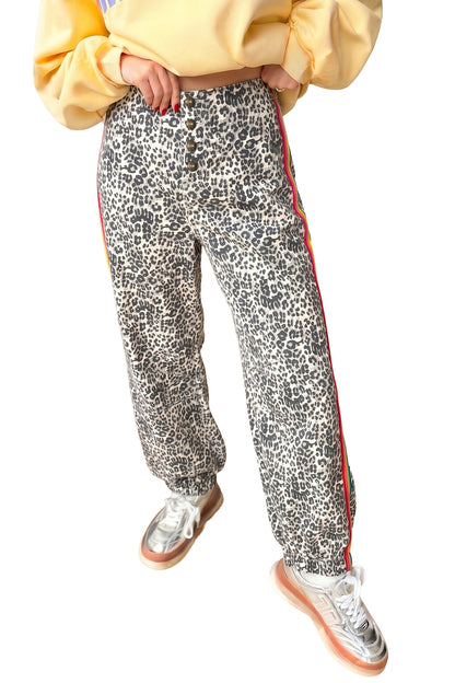 Brown Leopard Print Rainbow Striped Detail Buttoned Loose Jogger Jeans