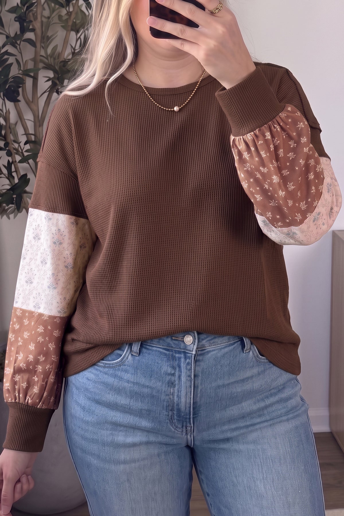 Coffee Plus Size Waffle Knit Floral Patchwork Long Sleeve Top
