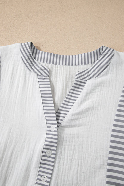 Gray Stripe Half Button Gauze Patchwork Bracelet Sleeve Babydoll Blouse