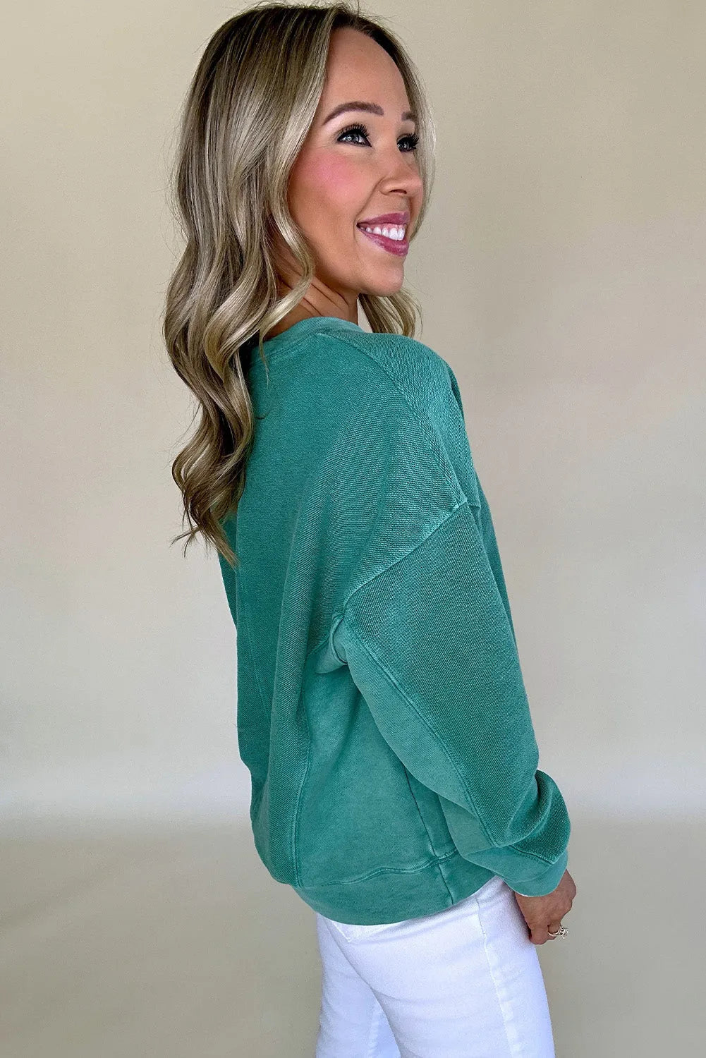 Skobeloff Solid Color Notched Neck Drop Shoulder Sweatshirt - Chic Meadow Boutique 