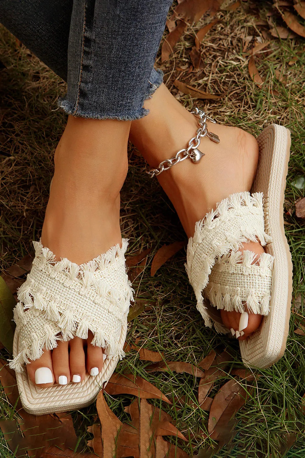 Beige Tassel Woven Crossed Straps Flat Slippers - Chic Meadow Boutique 