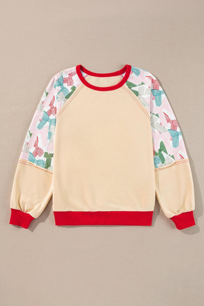 Tops/Long Sleeve Tops Beige Bowknot Printed Patchwork Raglan Sleeve Colorblock Edge Top