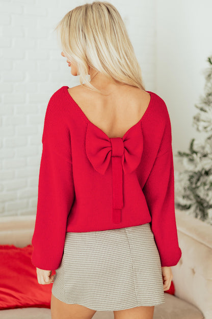 Fiery Red Festive Bow Backless Bubble Sleeve Sweater