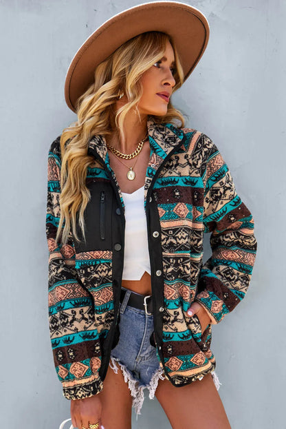 Black Western Colorblock Snap Buttoned Sherpa Jacket - Chic Meadow Boutique 