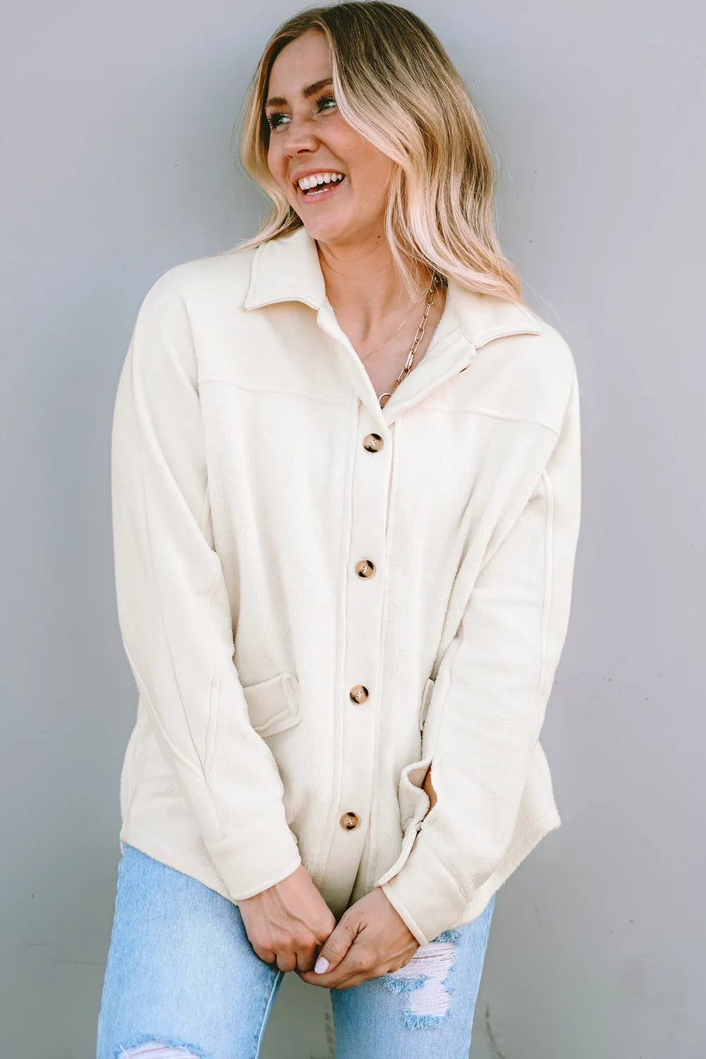 Beige Button-Up Stitching Pocket Raw Hem Shacket - Chic Meadow Boutique 