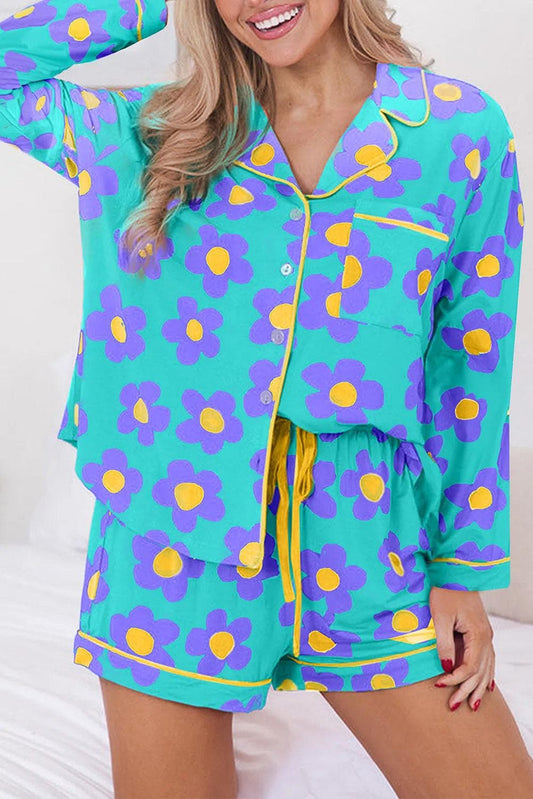 Loungewear & Sleepwear/Sleepwear Green / S / 95%Polyester+5%Elastane Green Flower Print Long Sleeve Shirt Shorts Pajamas Set