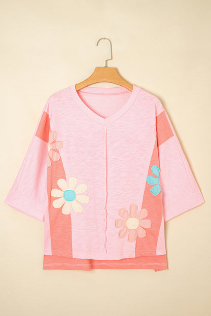 Pink Flower Patched Exposed Seam Bracelet Sleeve Oversized T Shirt