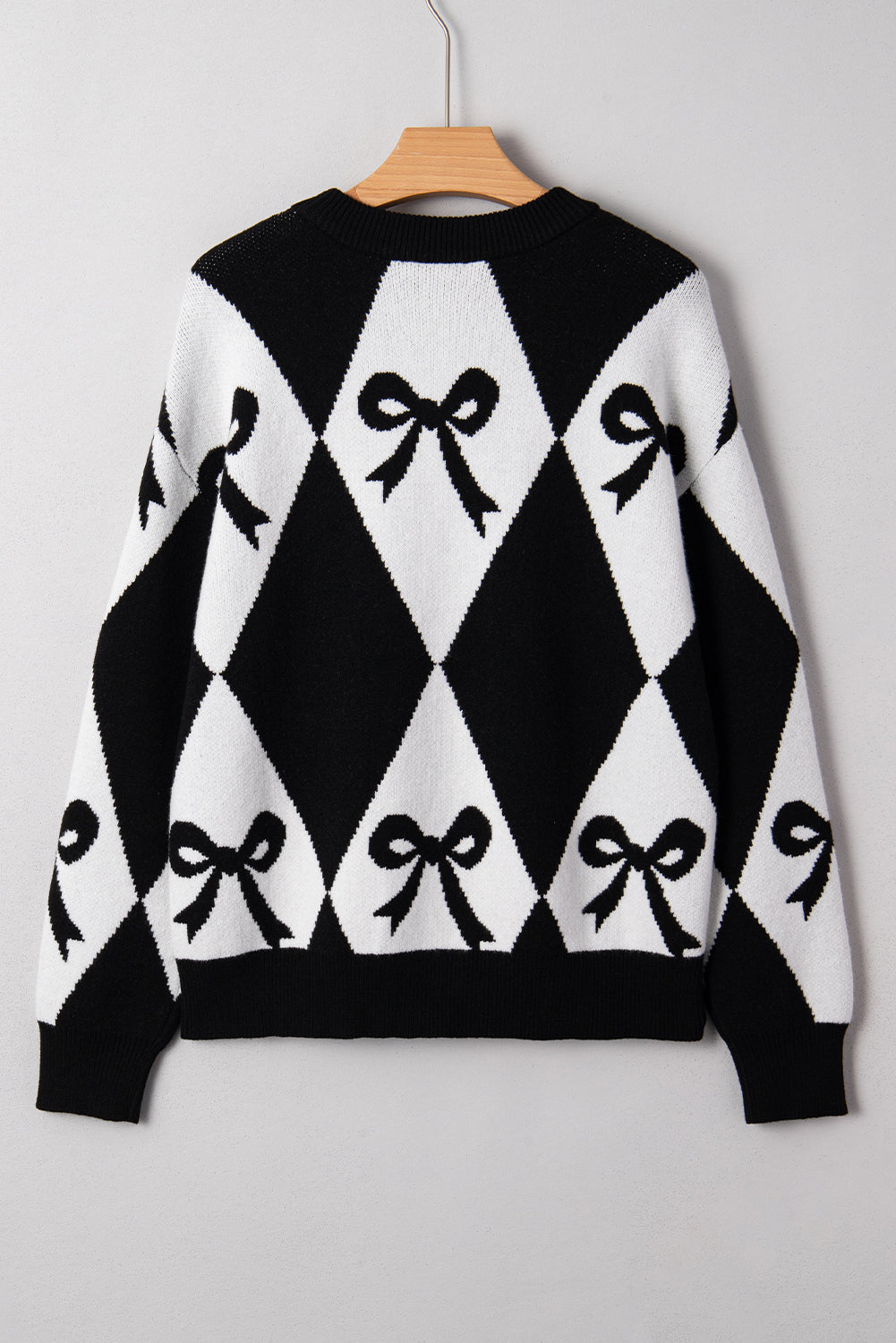 Black Bow Print 2-tone Rhombus Knit Loose Sweater