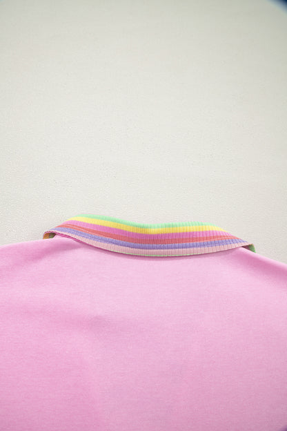 Pink Rainbow Stripe Ribbed Patchwork Raw Seam Oversize Polo Tee