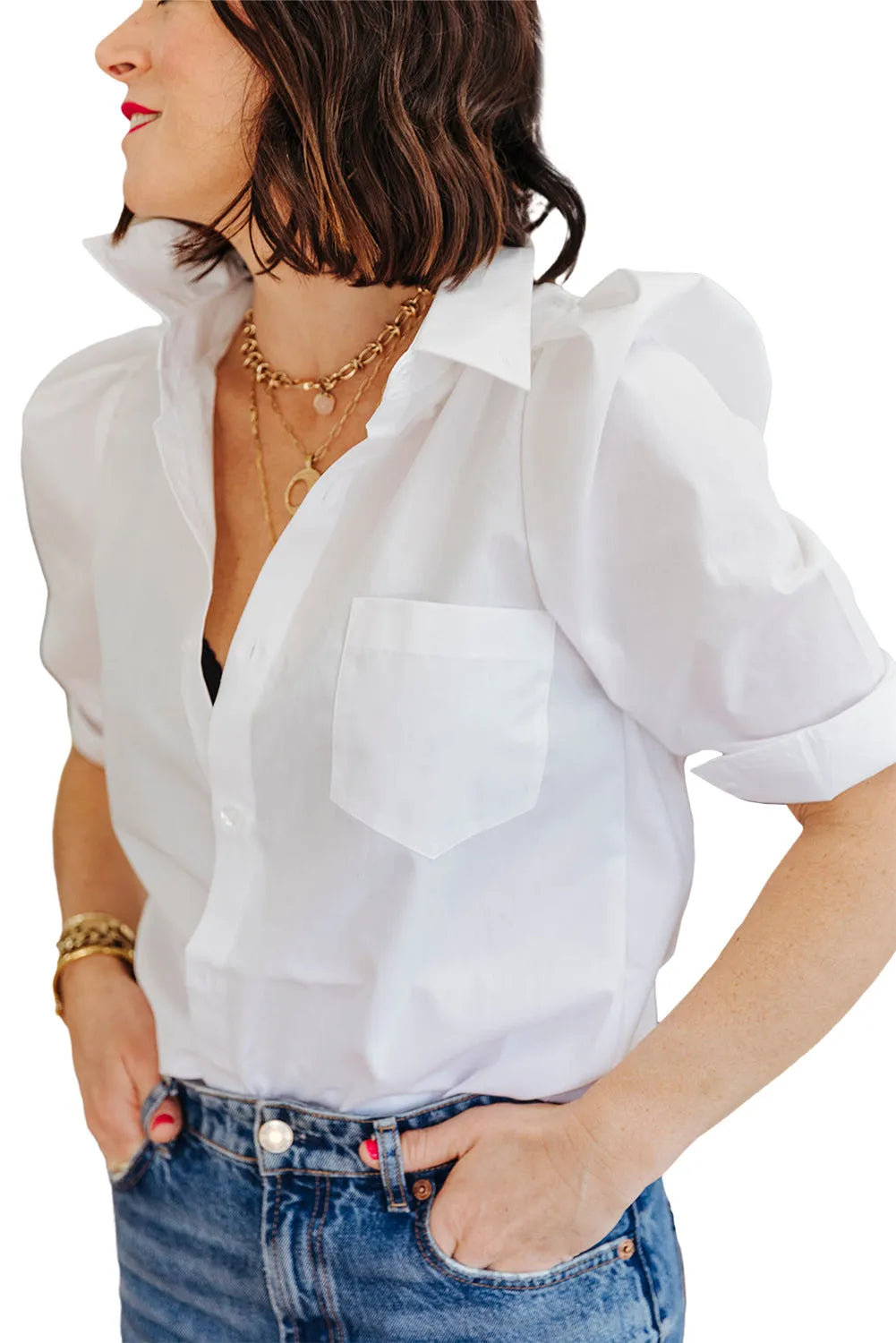 White Solid Puff Short Sleeve Shirt - Chic Meadow Boutique 