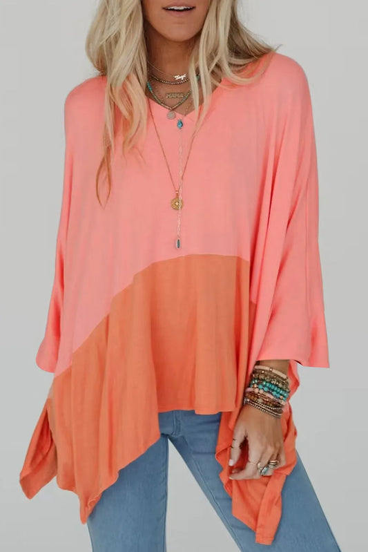 Grapefruit Orange Contrast Color Patchwork Oversized Side Split Top - Chic Meadow Boutique 