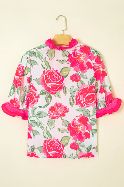 Rose Floral Frilled V Neck Short Sleeve Blouse Top
