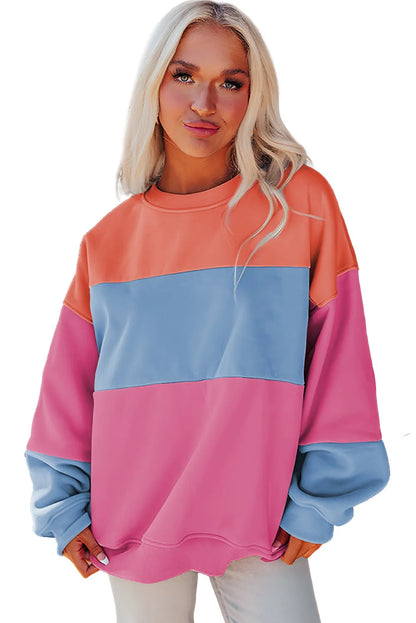 Bright Pink Colorblock Patchwork Drop Shoulder Sweatshirt - Chic Meadow Boutique 