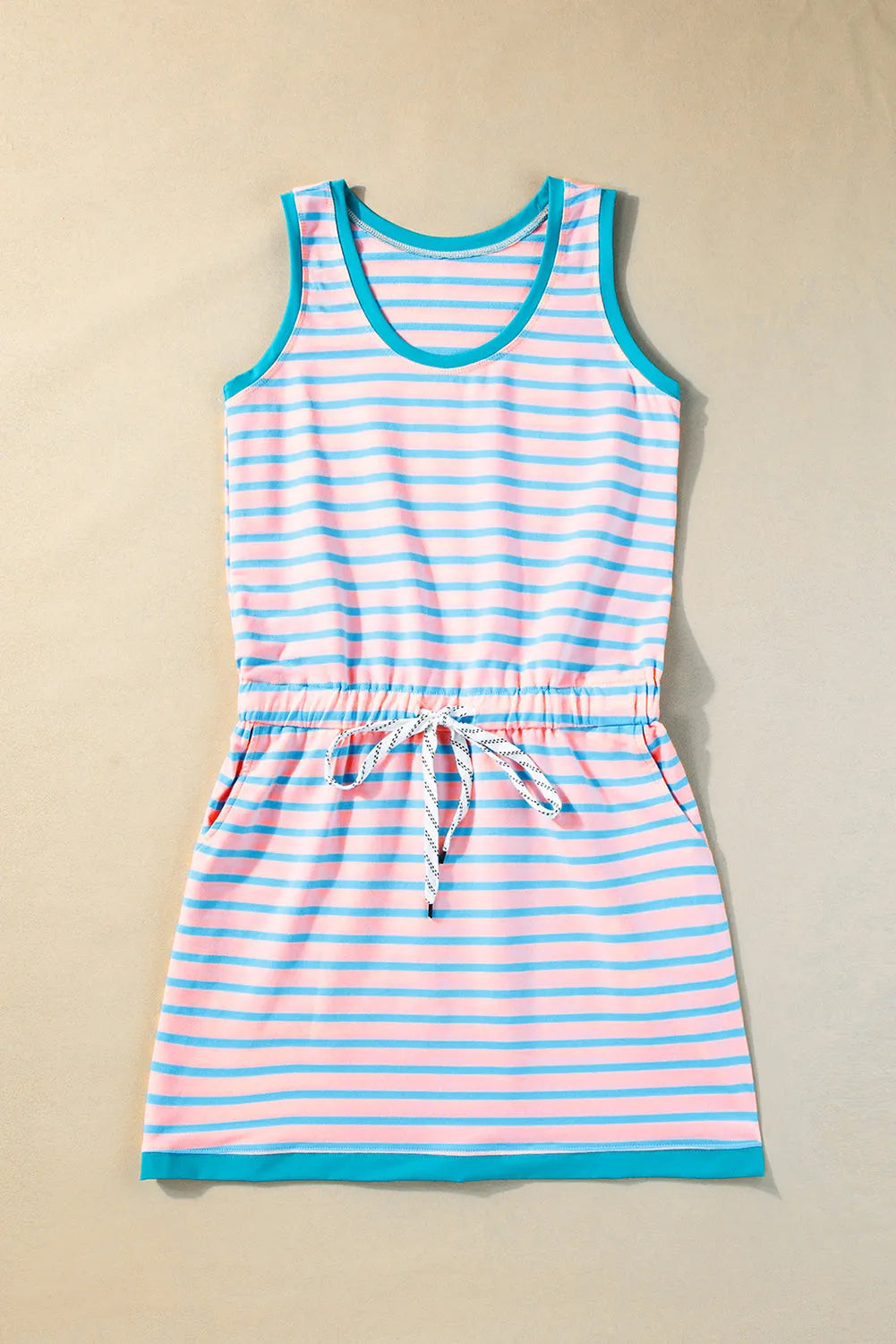 Pink Stripe Contrast Trim Pocketed Casual Tank Dress - Chic Meadow Boutique 