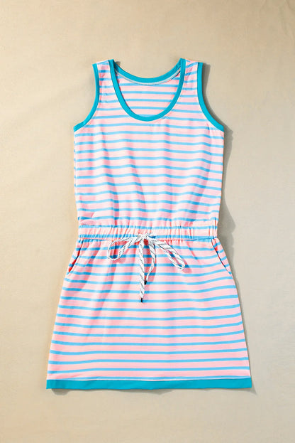 Pink Stripe Contrast Trim Pocketed Casual Tank Dress - Chic Meadow Boutique 