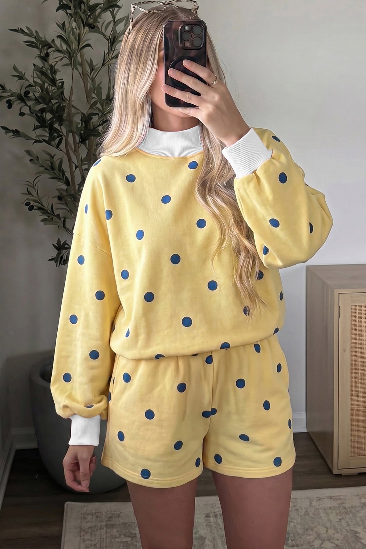 Yellow Polka Dot Ribbed Trim Long Sleeve Top Casual Short Set