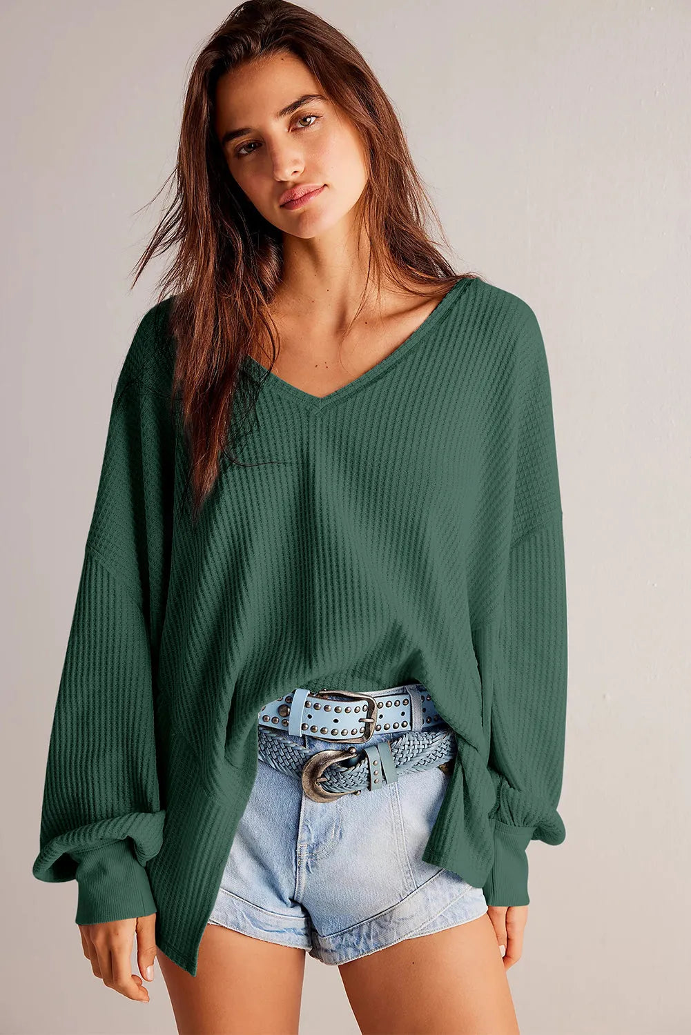 Blackish Green Waffle V Neck Long Sleeve Drop Shoulder Loose Blouse - Chic Meadow Boutique 