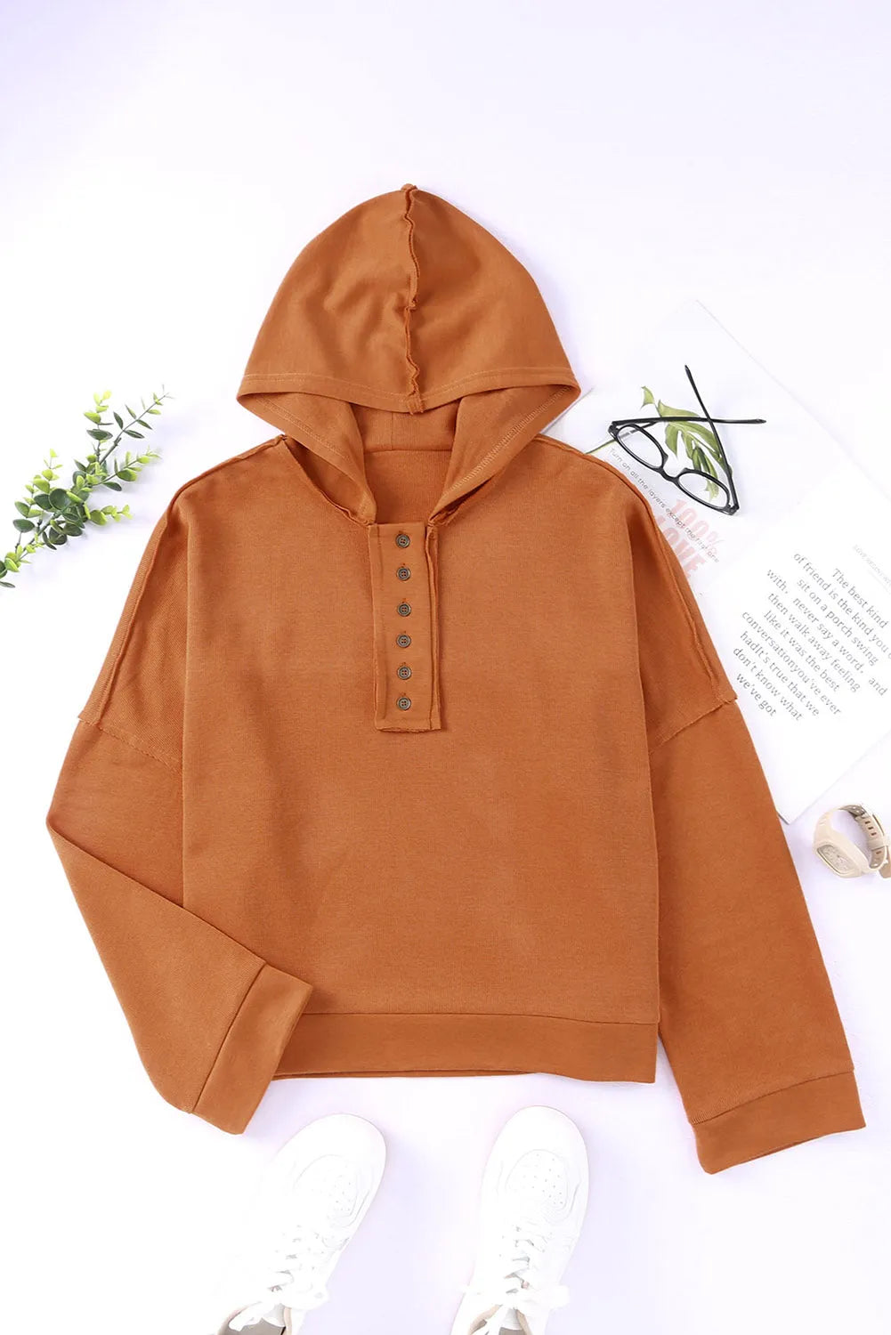 Orange Casual Button Solid Patchwork Trim Hoodie - Chic Meadow Boutique 