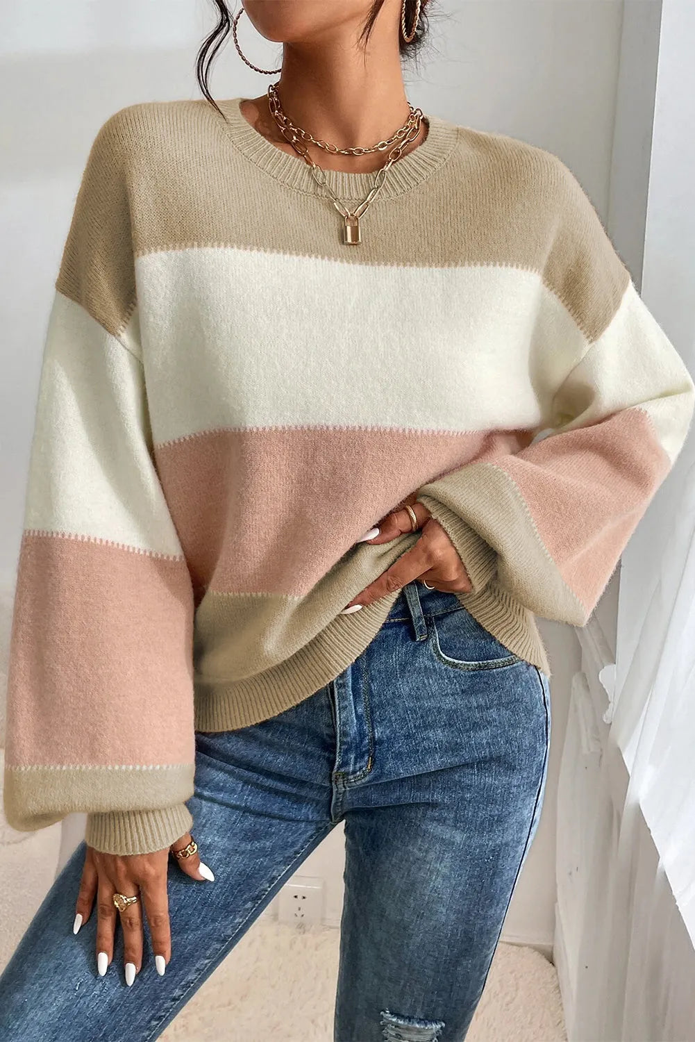 Dusty Pink Color Block Lantern Sleeve Drop Shoulder Sweater - Chic Meadow Boutique 