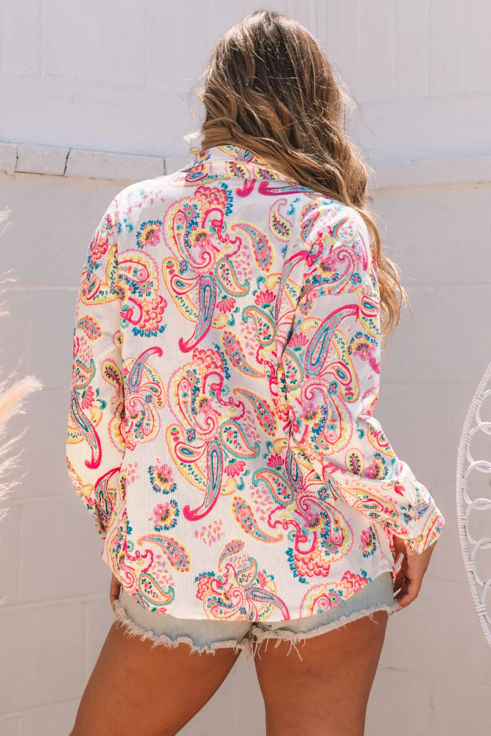 White Paisley Pattern Print Buttoned Corduroy Shacket - Chic Meadow Boutique 